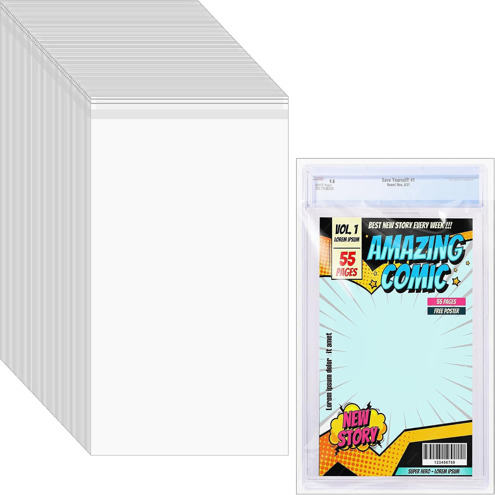 50 Pcs Resealable Comic Book Bags Plastic Sleeves for CGC CBCS Slabs Collection