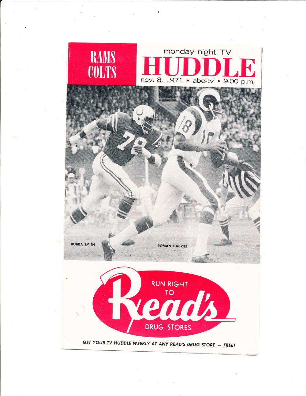 11/8 1971 Huddle Monday night tv Los angeles Rams Roman Gabrial vs Colts Bubba S
