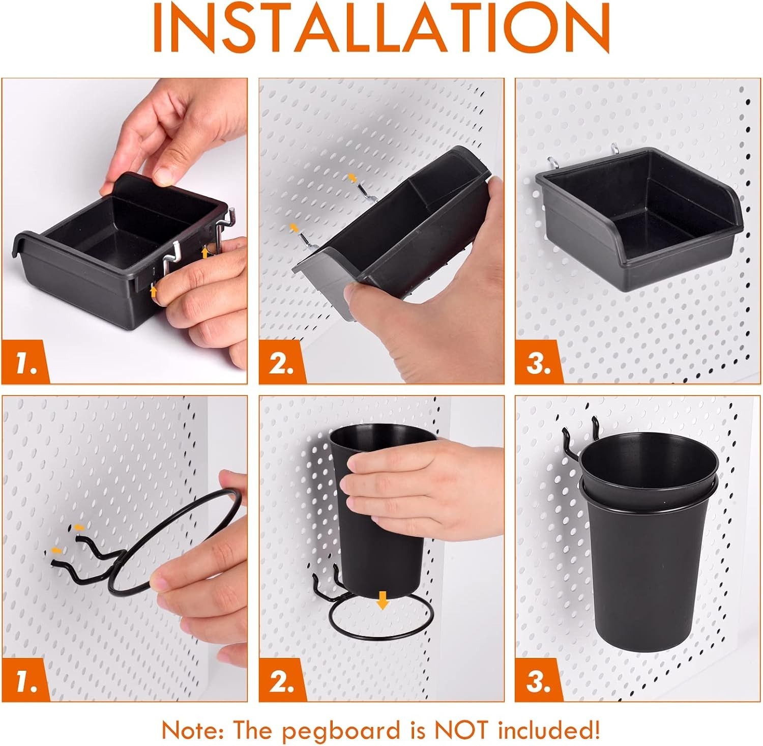 12 Pack Pegboard Bins PegBoard Cups with Hooks & Loops, Peg Board Hooks Assor...