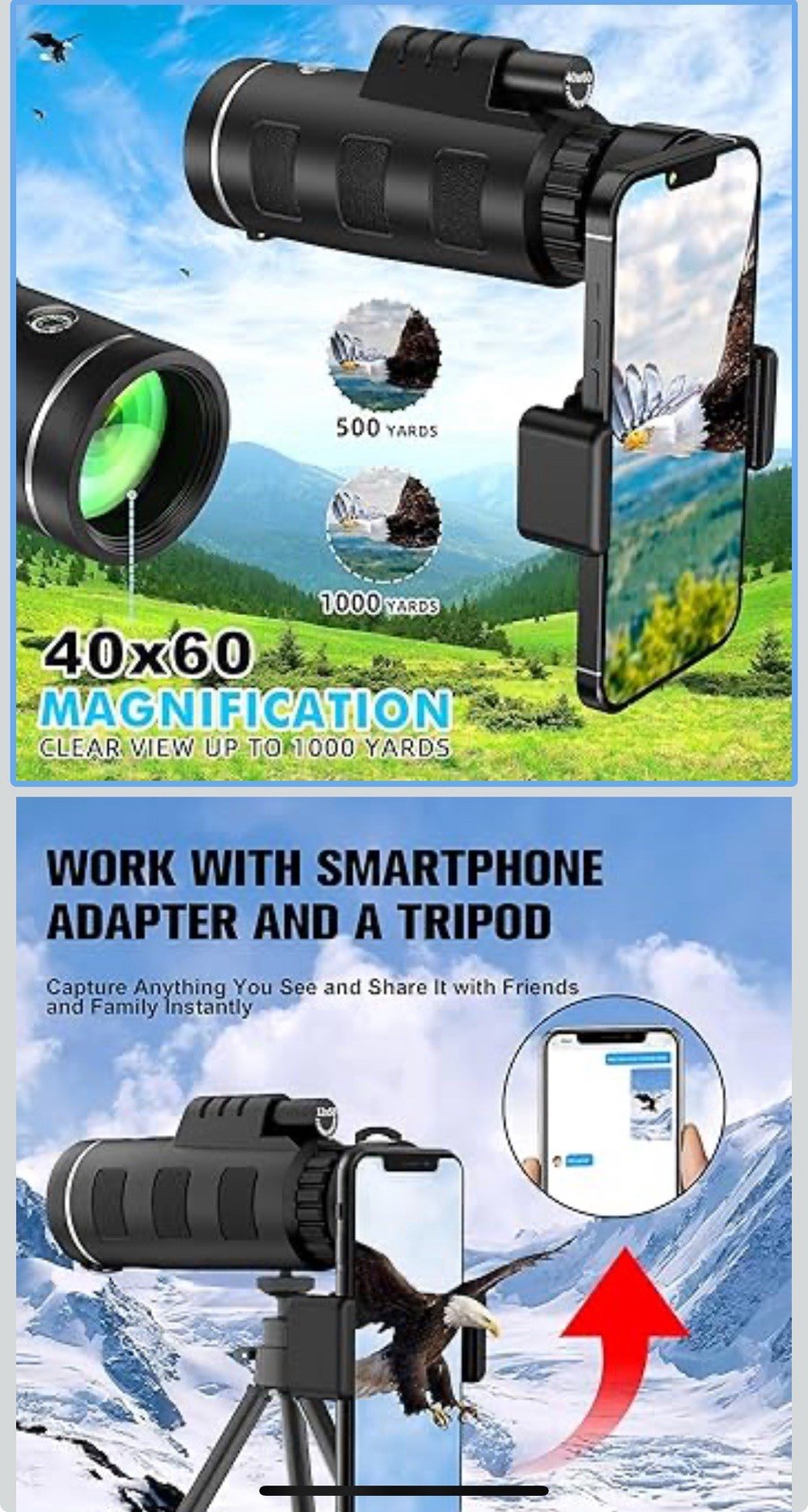 40x60 High Definition Monocular Telescope with Smartphone Adapter High Powered