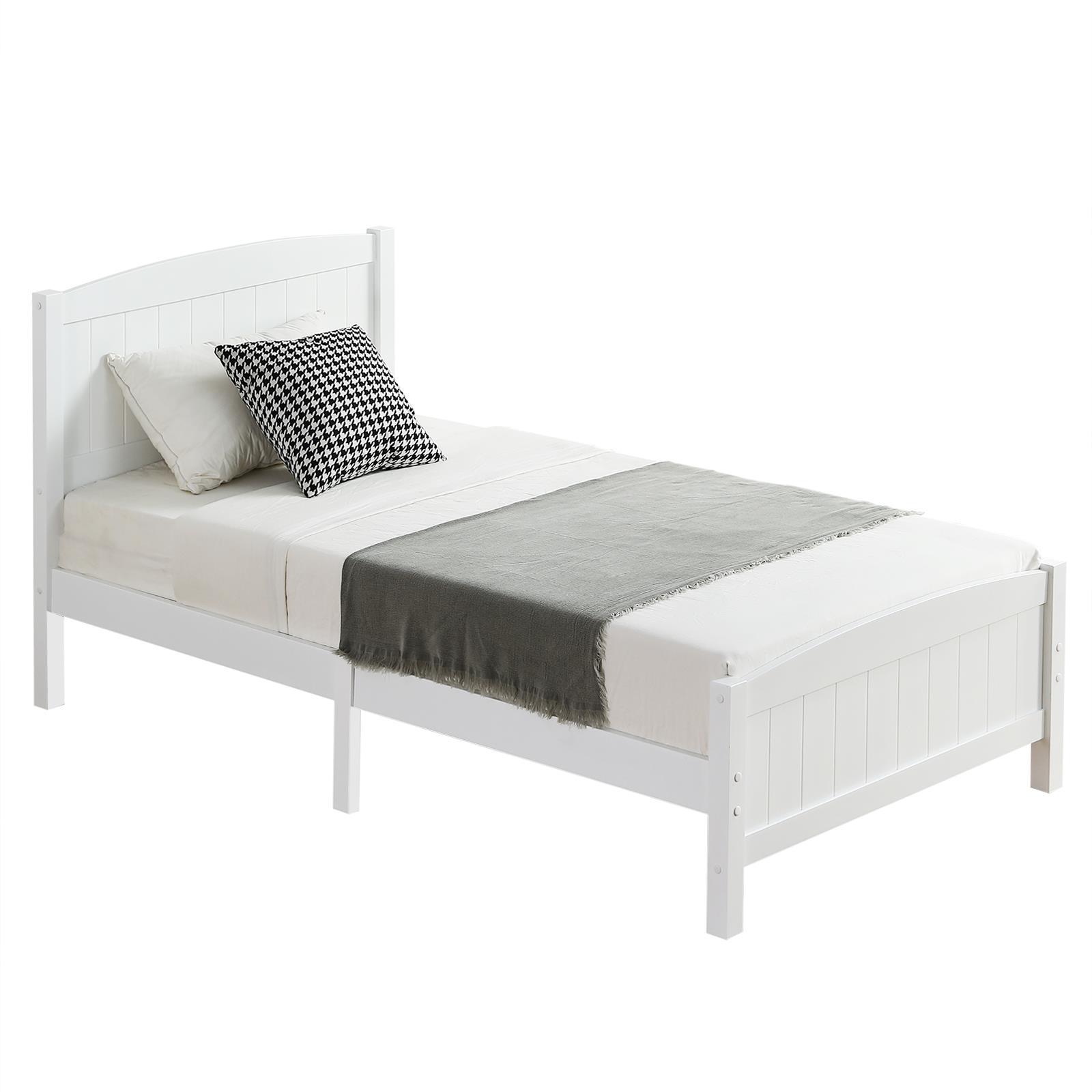 White Twin Size Solid Wood Platform Bed Frame Single Bed with Headboard