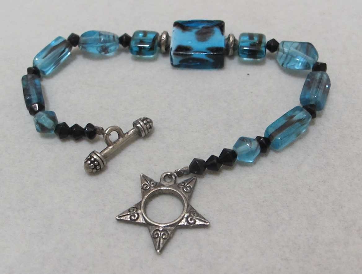Handmade Blue & Black Art Glass Beads Star Toggle Clasp Bracelet for 8” Wrist