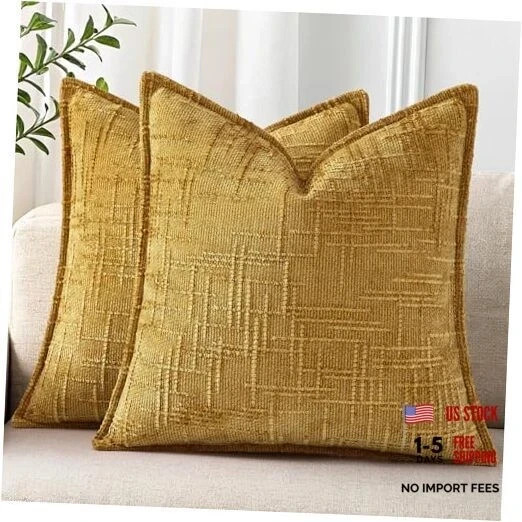 Chenille Throw Pillow Covers 22x22 Set of 22" x 22" (Pack of 2) Mustard Yellow