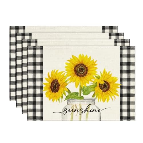 Buffalo Plaid Sunflower Sunshine Vase Summer 12" x 18", Rectangle 4 Pcs Beige