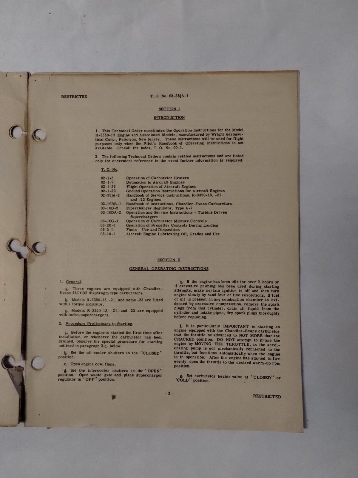 Wright Aircraft Engine & Associated Models R-3350-13, 21,23 Operation Instruct.