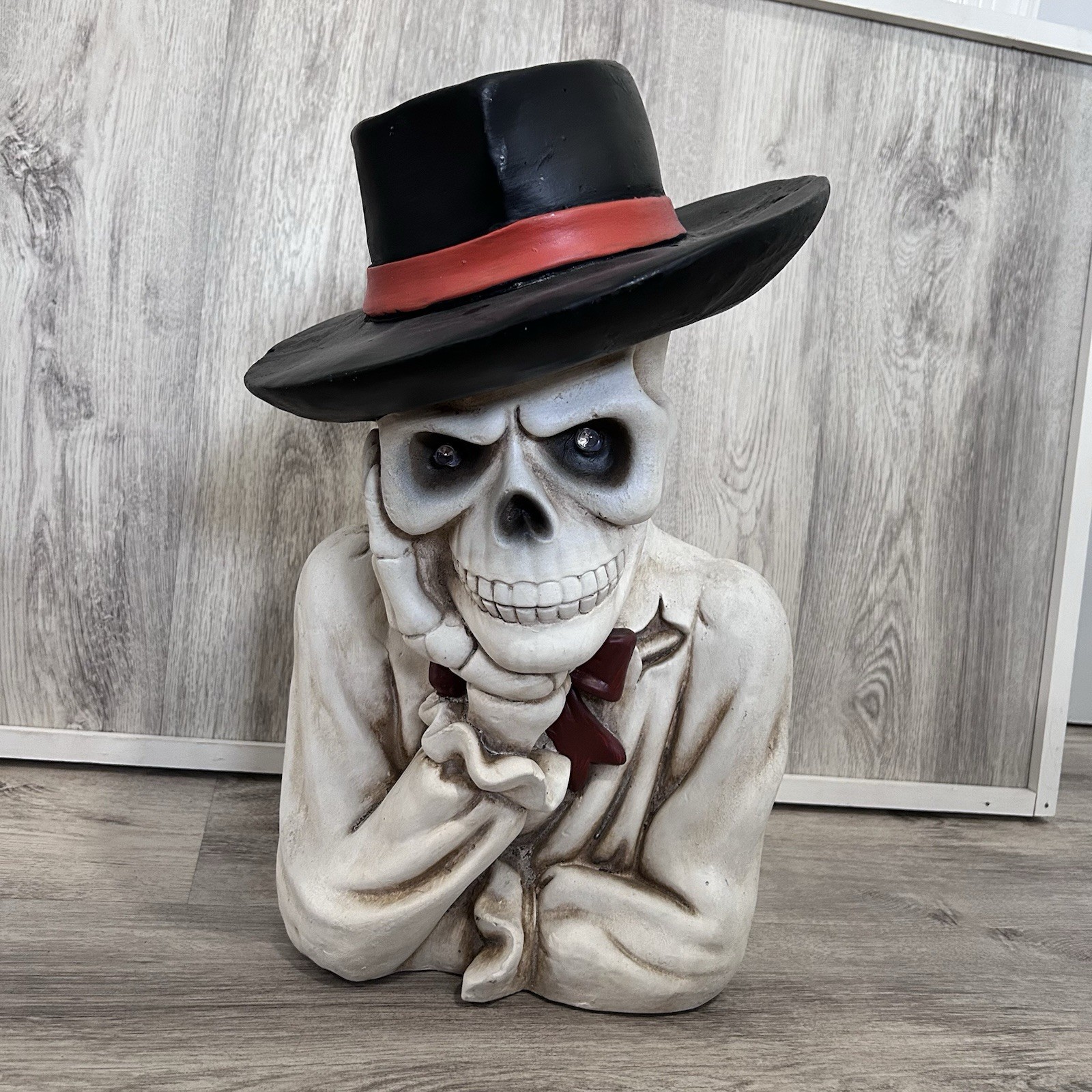 Skeleton Statue Bust Halloween Decoration Light Up Eyes Cute Top Hat Bow Tie 18”