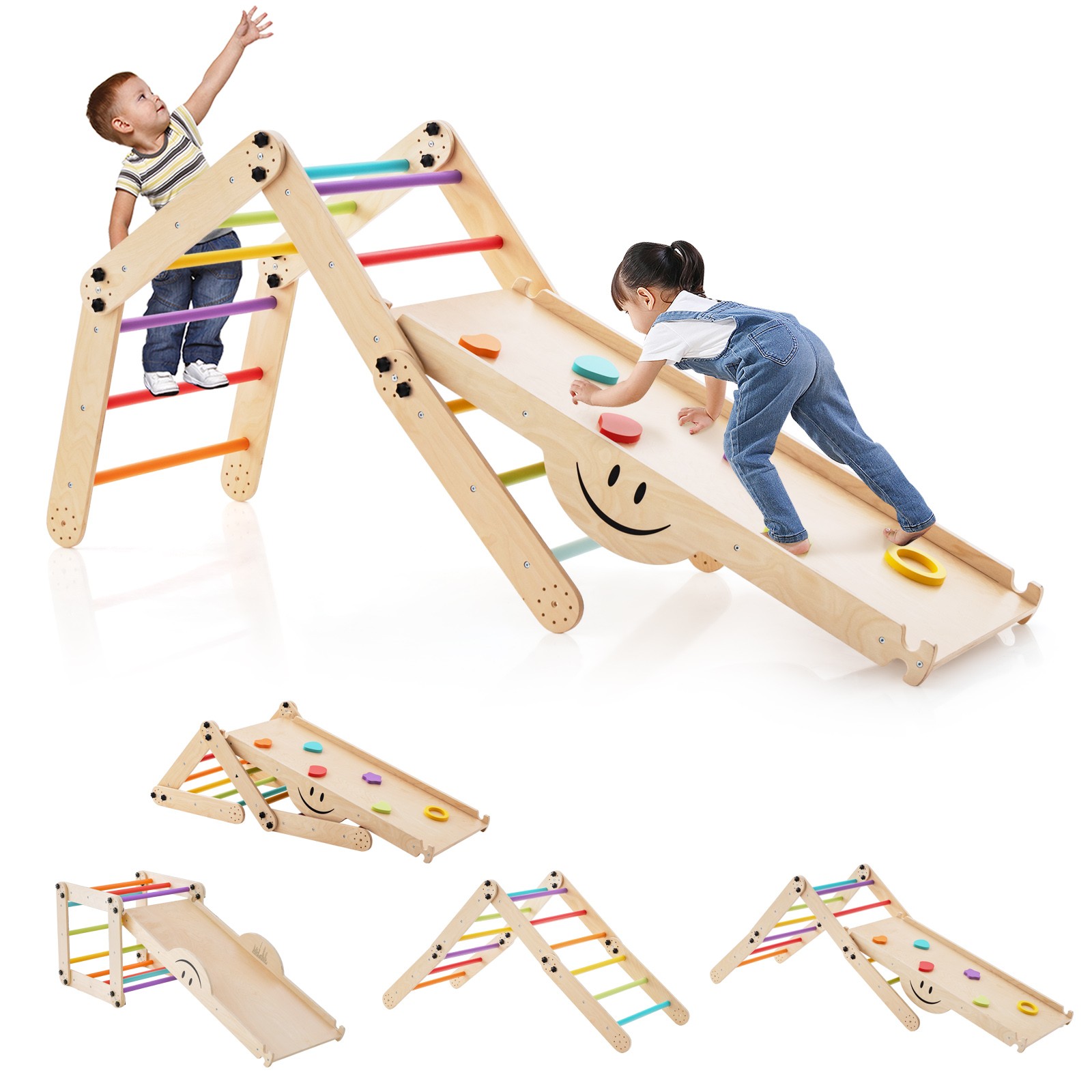 2-Piece Indoor Wooden Montessori Climbing Toys with DIY Climber, Slide & Seesaw