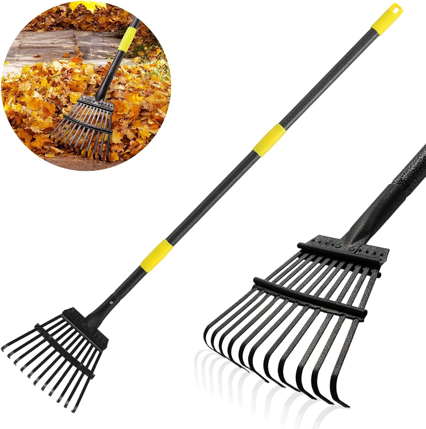Small Leaf Rake Adjustable Handle 30 60 Inch 11 Tines 8.5in for Lawn Garden