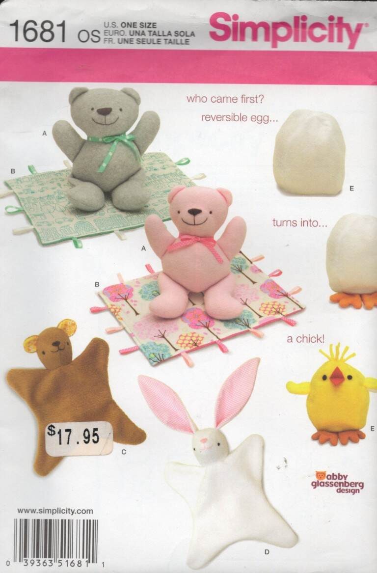 1681 SIMPLICITY 12 1/2" BEAR, BLANKET, BLANKET ANIMALS & CHICK TOY