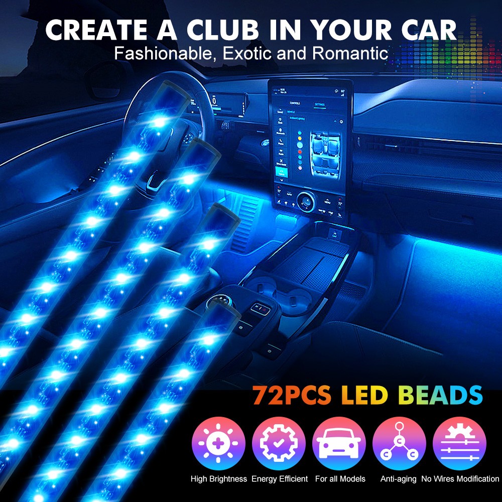 4x RGB 72 LED Car Interior Floor Light Strips USB with Bluetooth APP Control