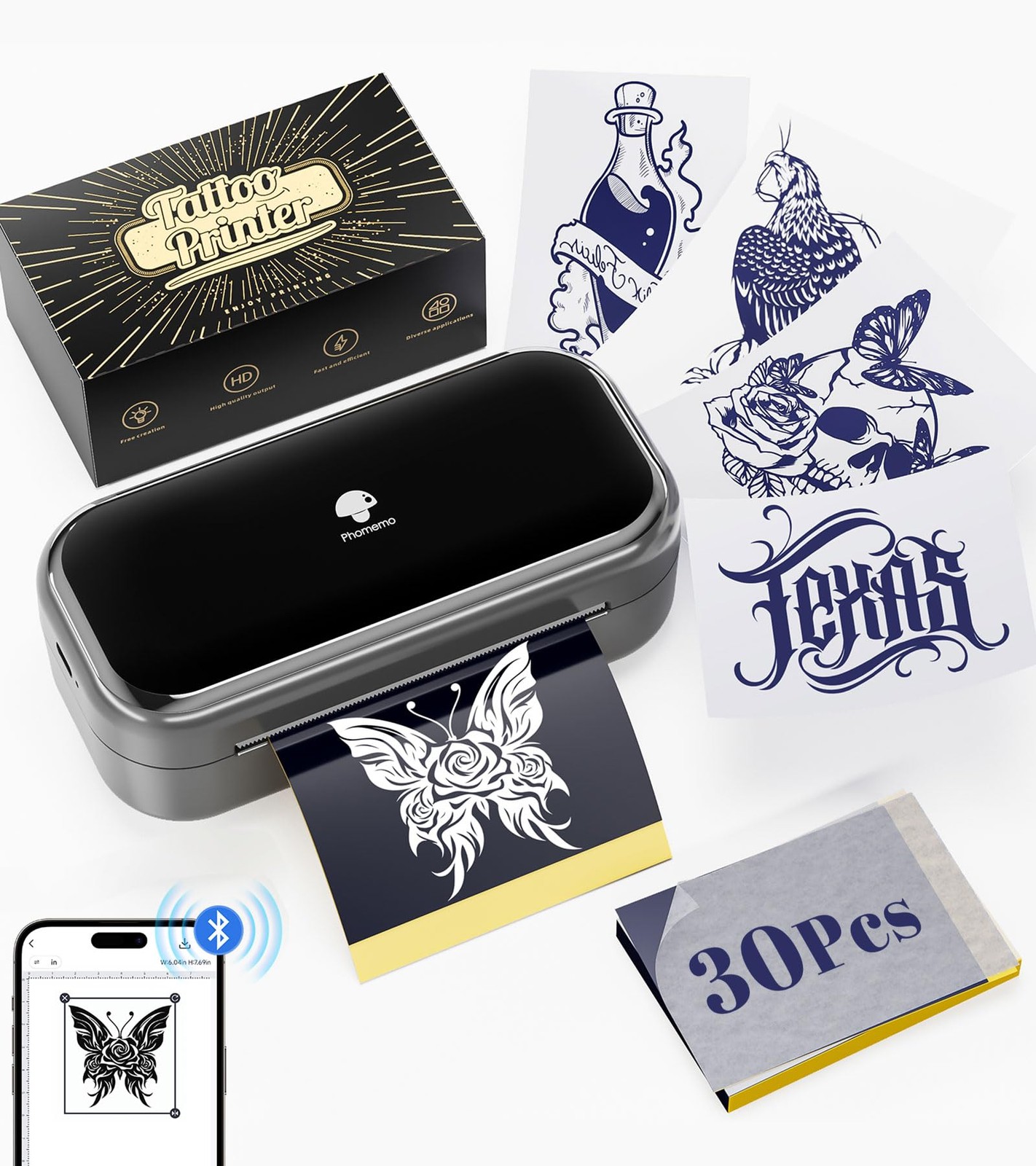 Phomemo TP31 Wireless Tattoo Stencil Printer with 30pcs Transfer Small, Gray