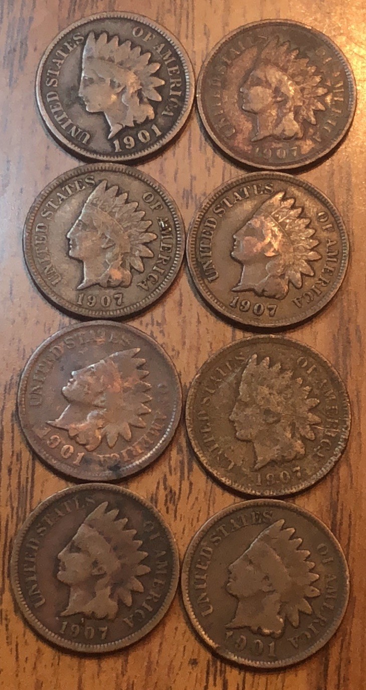 Indian Head 1901X3,1907X5, Your Get (8) Exact Coins N227