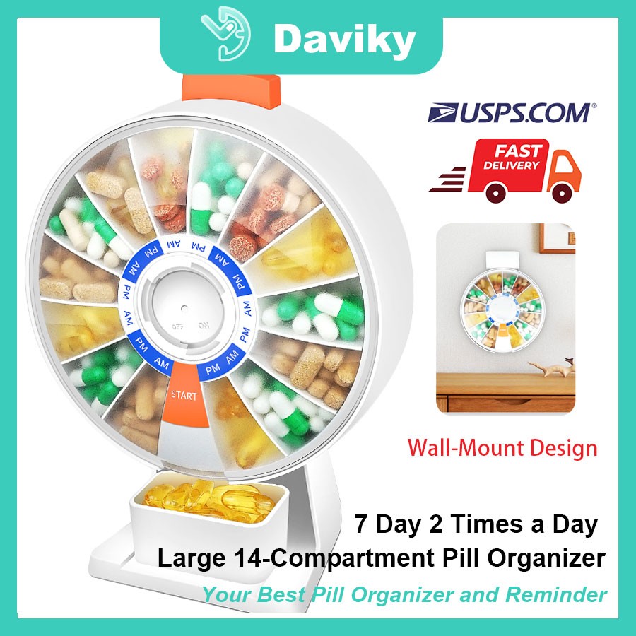 Pill Dispenser Daily, Large Pill Organizer with Wall-Mounted or Standing Use 14D