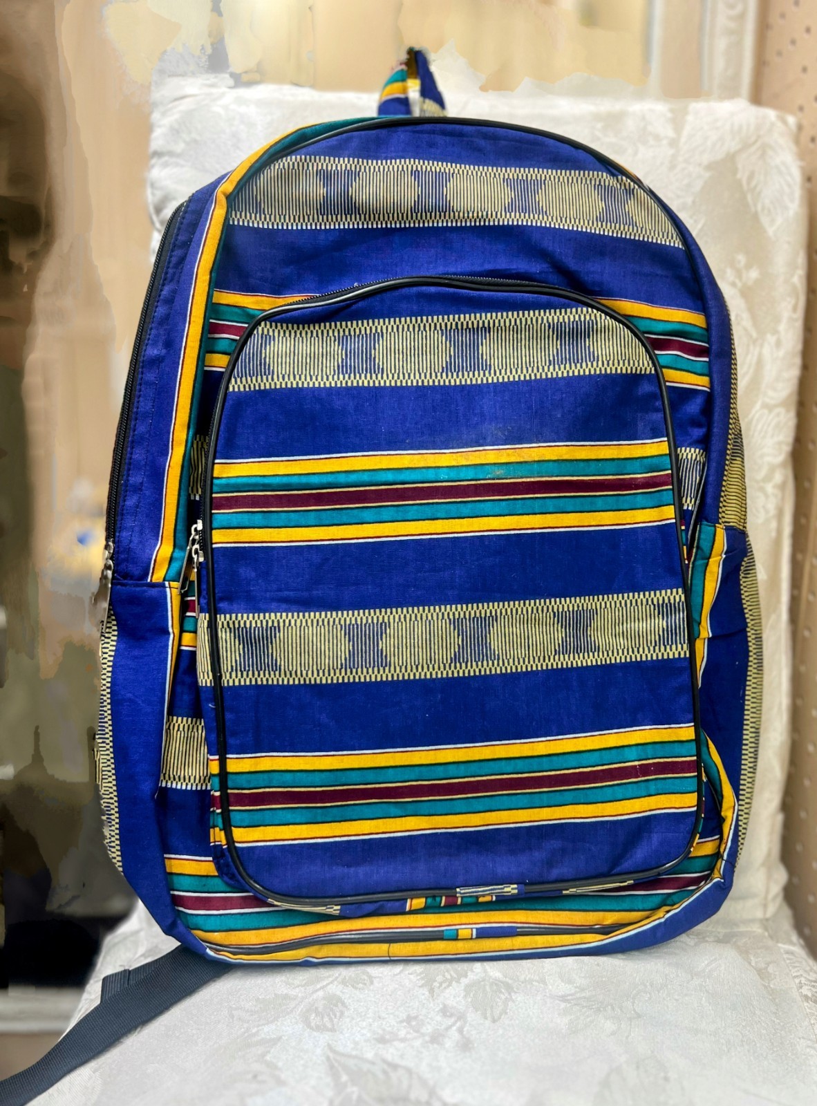 Padded Blue Kente Backpack with multi pockets, inside lining & Padded Straps