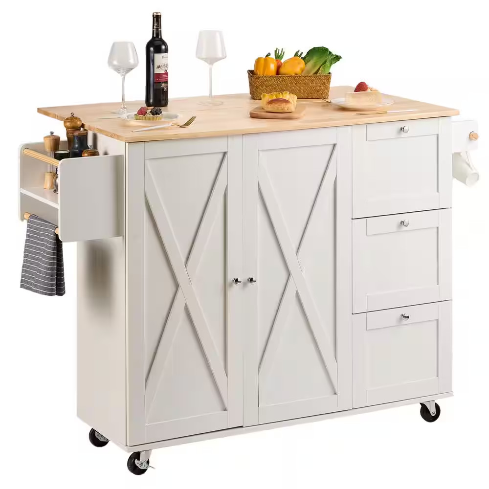 Kitchen Island Cart Natural Wood Top 45.3 In. Width Mobile Carts with Storage Ca