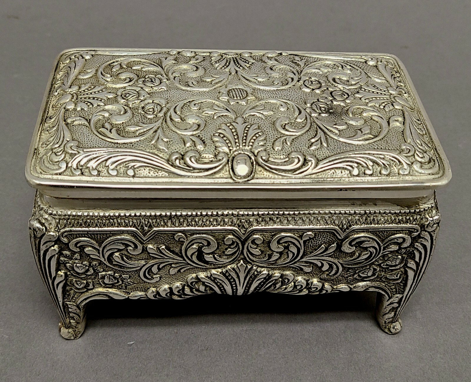 Box Silver Plated on Brass 4"W 6.5"L 4"Hi Embossed Hinged Cover FREE SHIPPING