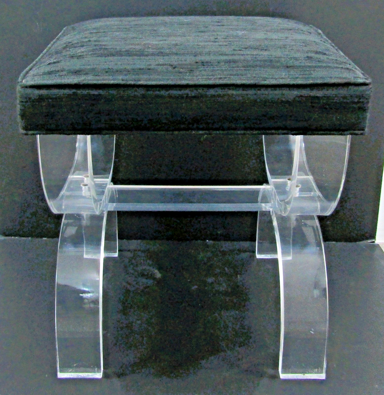 Vintage Lucite and Black Upholstery Thick Curved Legs X-Style Vanity Stool