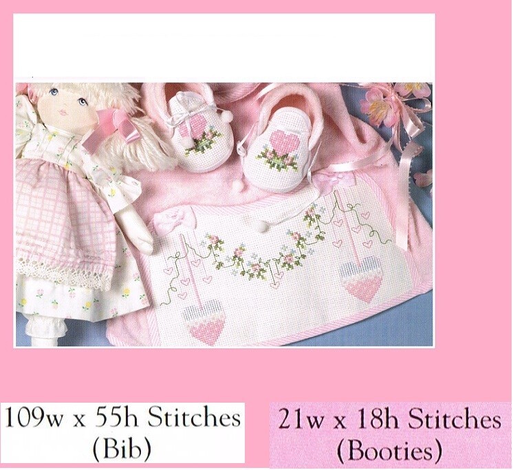 ROSEBUD BIB AND BOOTIES  CROSS STITCH PATTERN ONLY -  DE  RYP