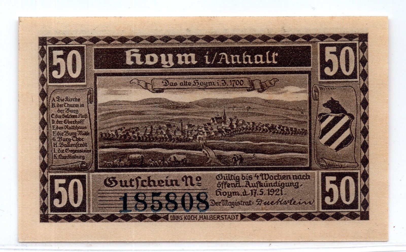 1921 Germany Hoym Notgeld 50 Pfennig Note (3452)