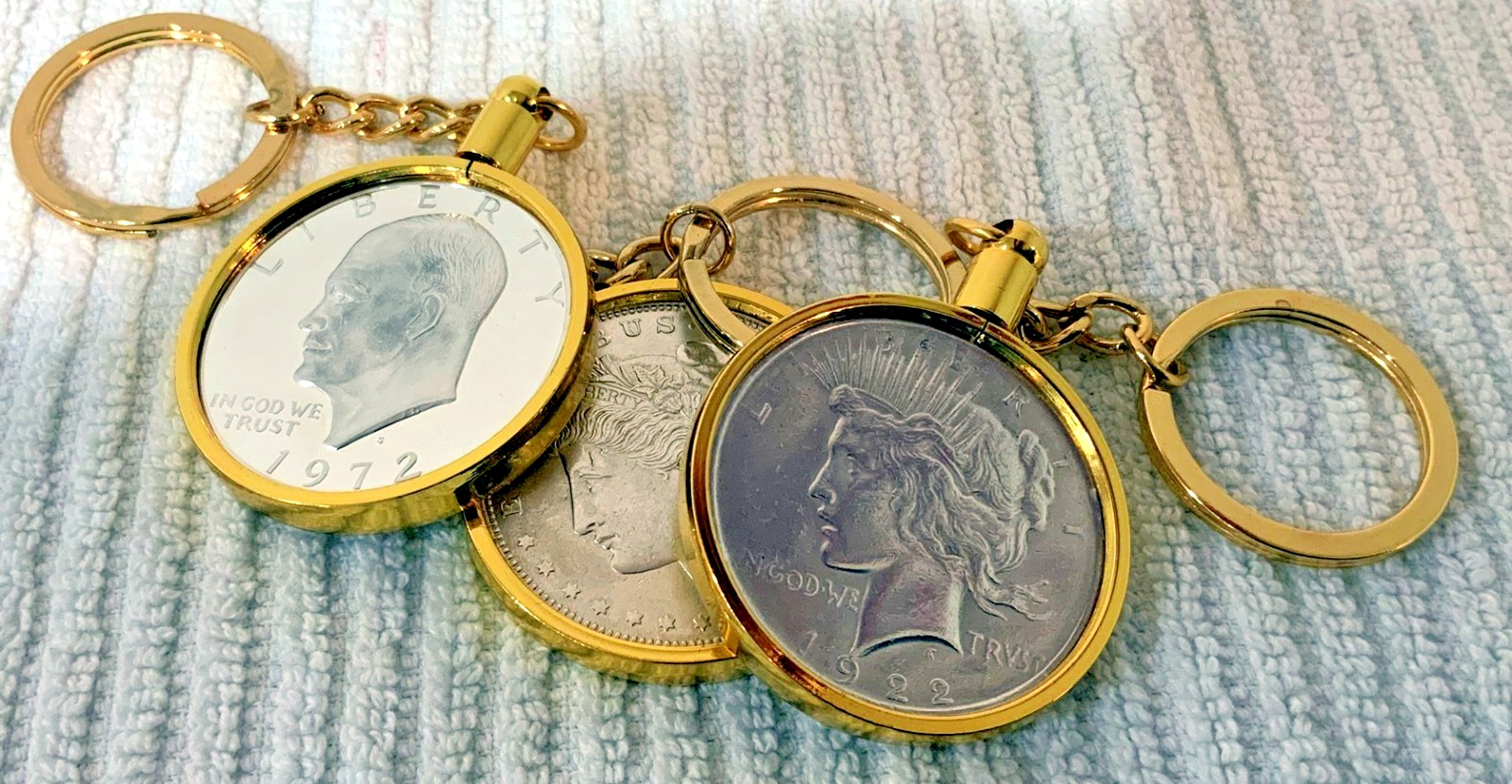 (3) 38MM BEZELS FITS Morgan, Peace, Ike Dollars For Coin Keychains (GOLD)