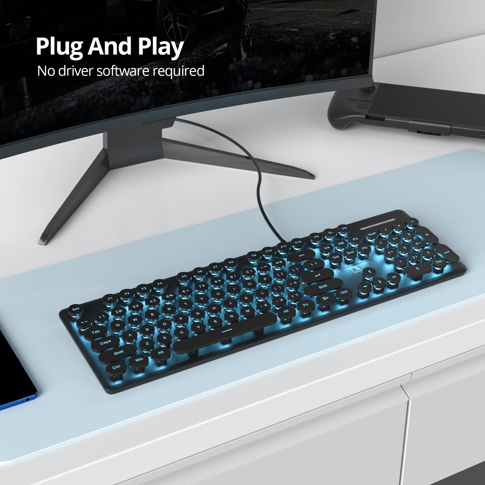 Wired Retro Typewriter Keyboard 104 Round Keys Blue LED Backlit Silent Black