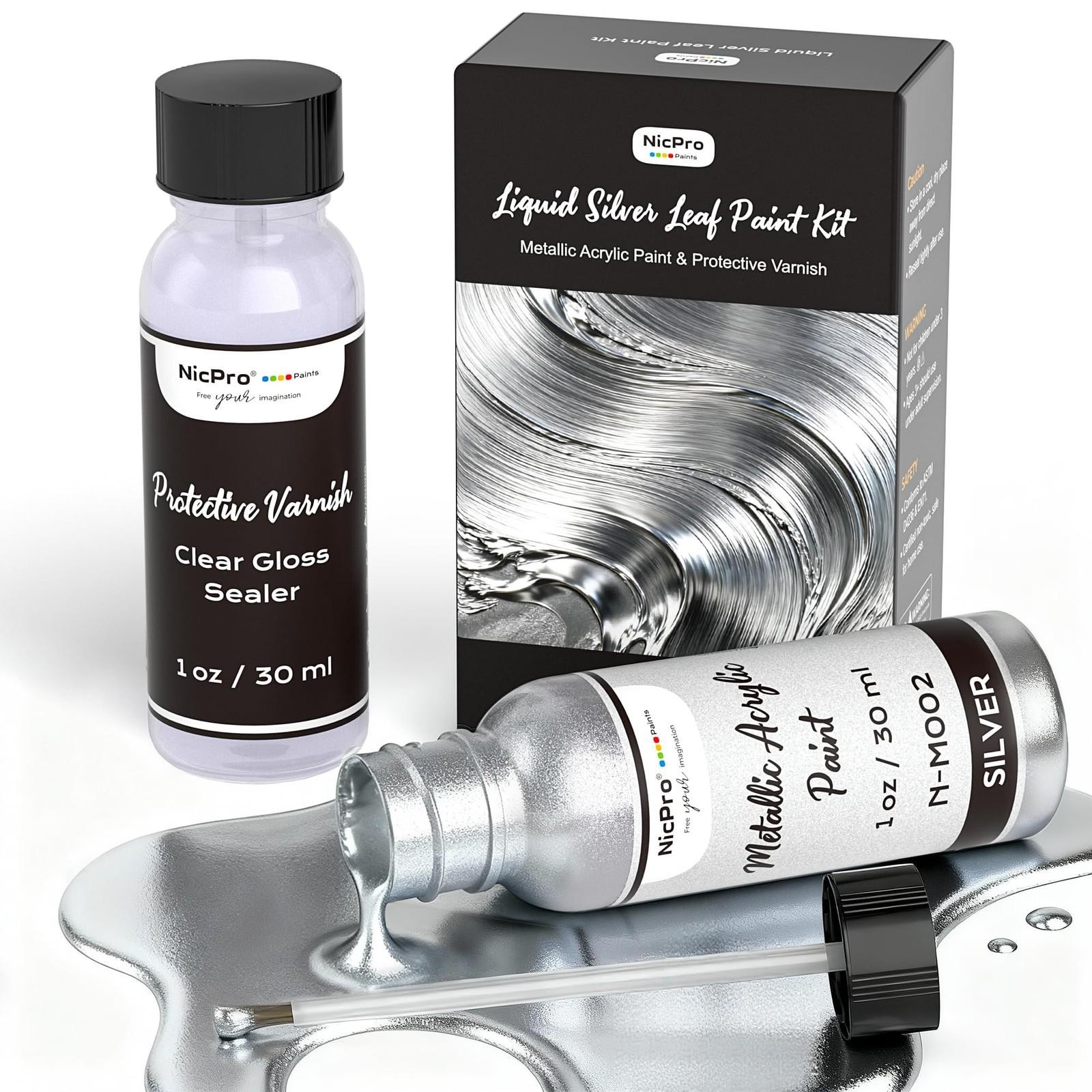 Liquid Silver Leaf Paint Kit 2x30ml Metallic Acrylic Chrome Varnish Wood Resin
