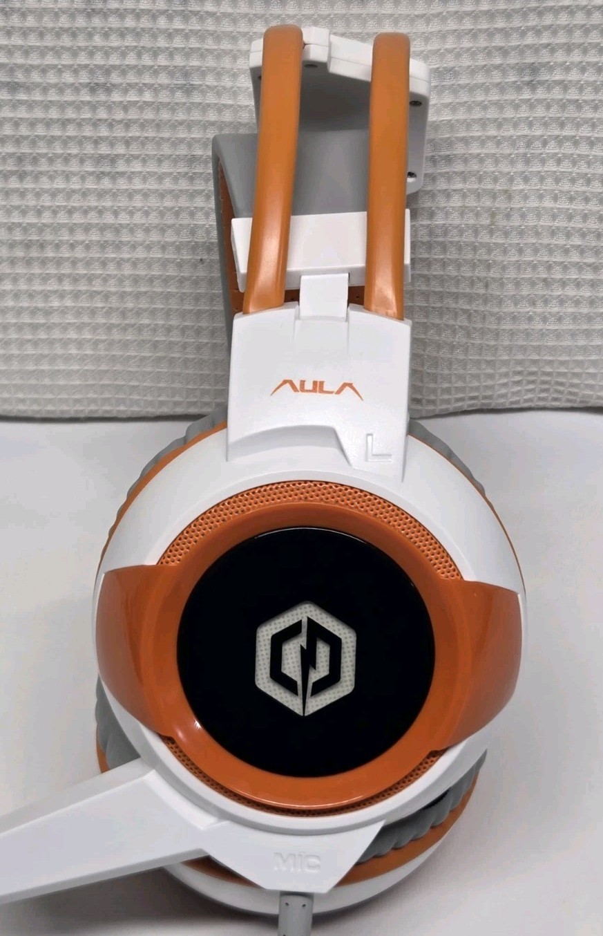 AULA Wired Gaming Headset Over Ear w/Mic Orange White Tested Working