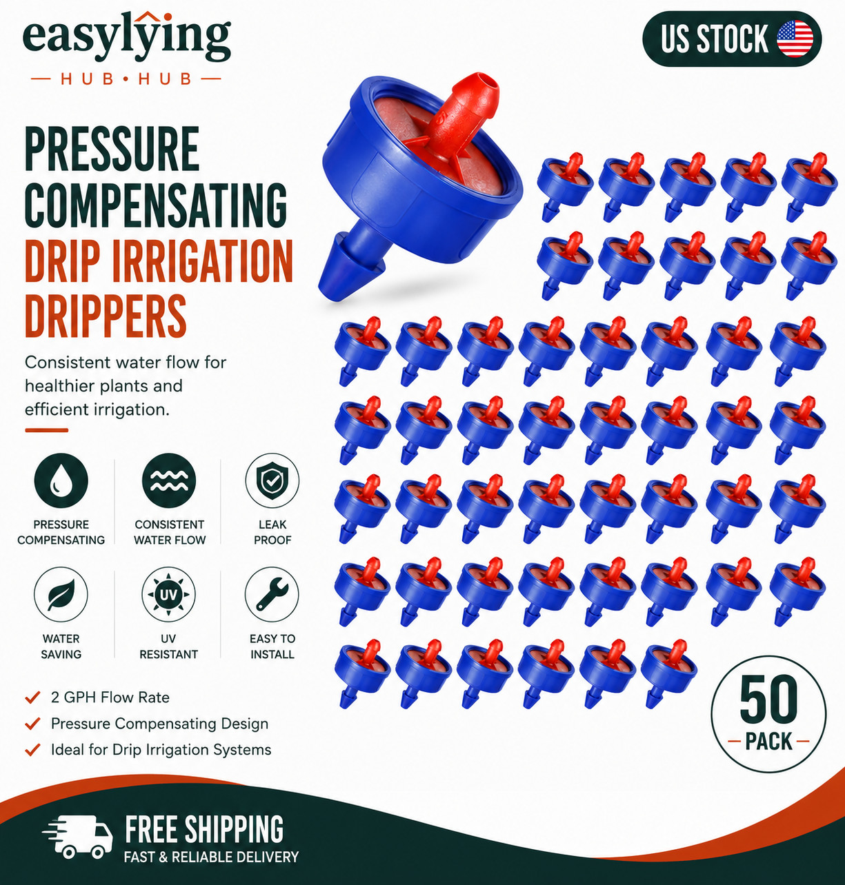 Upgrade Leak-Proof 60Pcs 2 GPH Pressure Compensating Drip Emitters, Constant Flo
