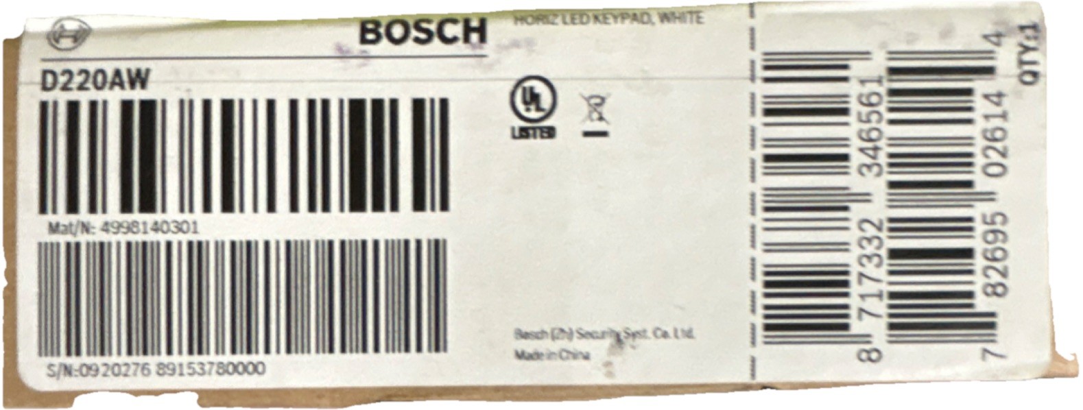Bosch D220AW Horizontal LED Keypad Control Panel Security System