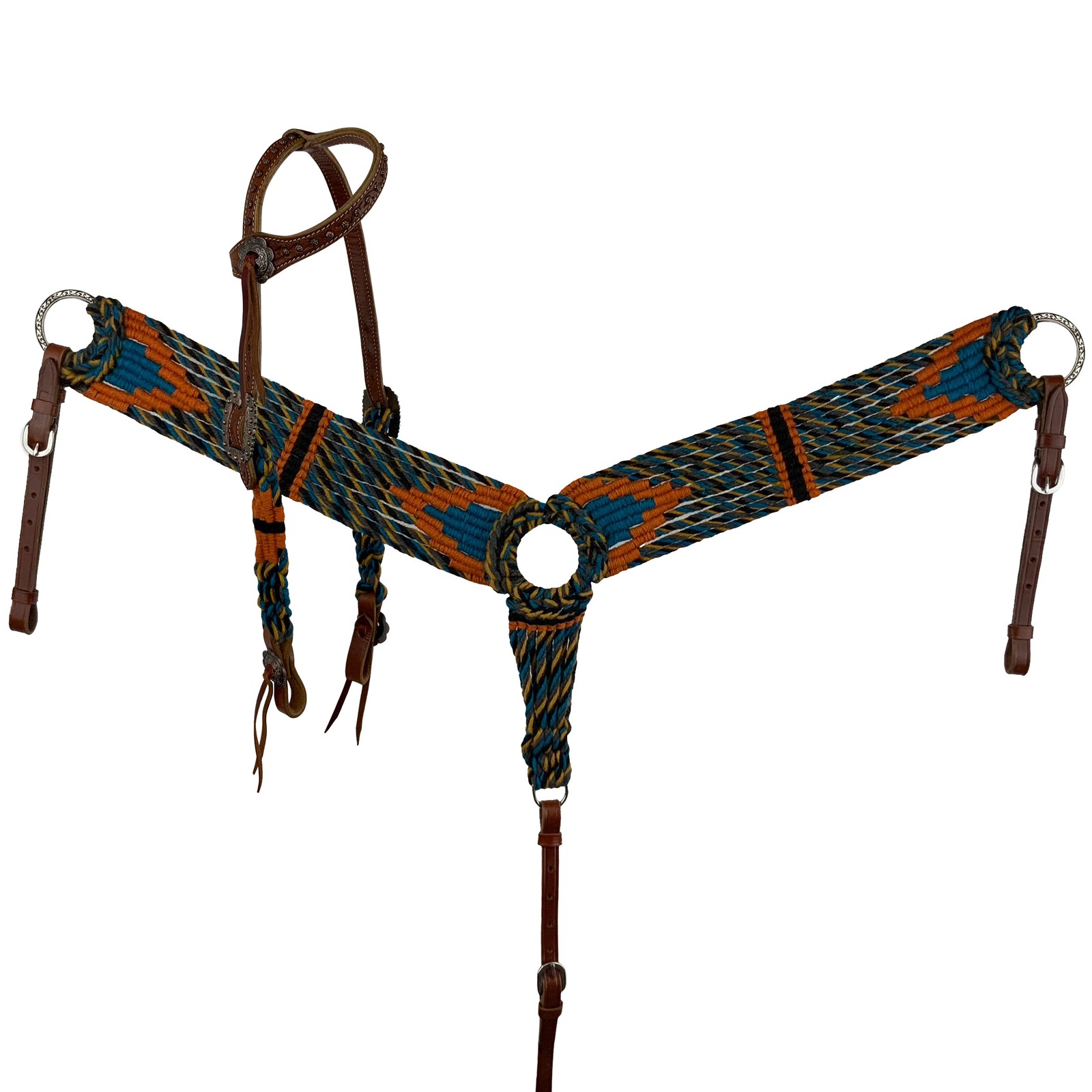 Showman Orange/Blue/Black Corded Mohair Single Ear Headstall & Breast Collar Set