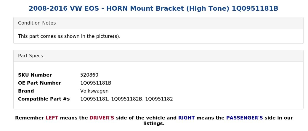 2008-2016 VW EOS - HORN Mount Bracket (High Tone) 1Q0951181B