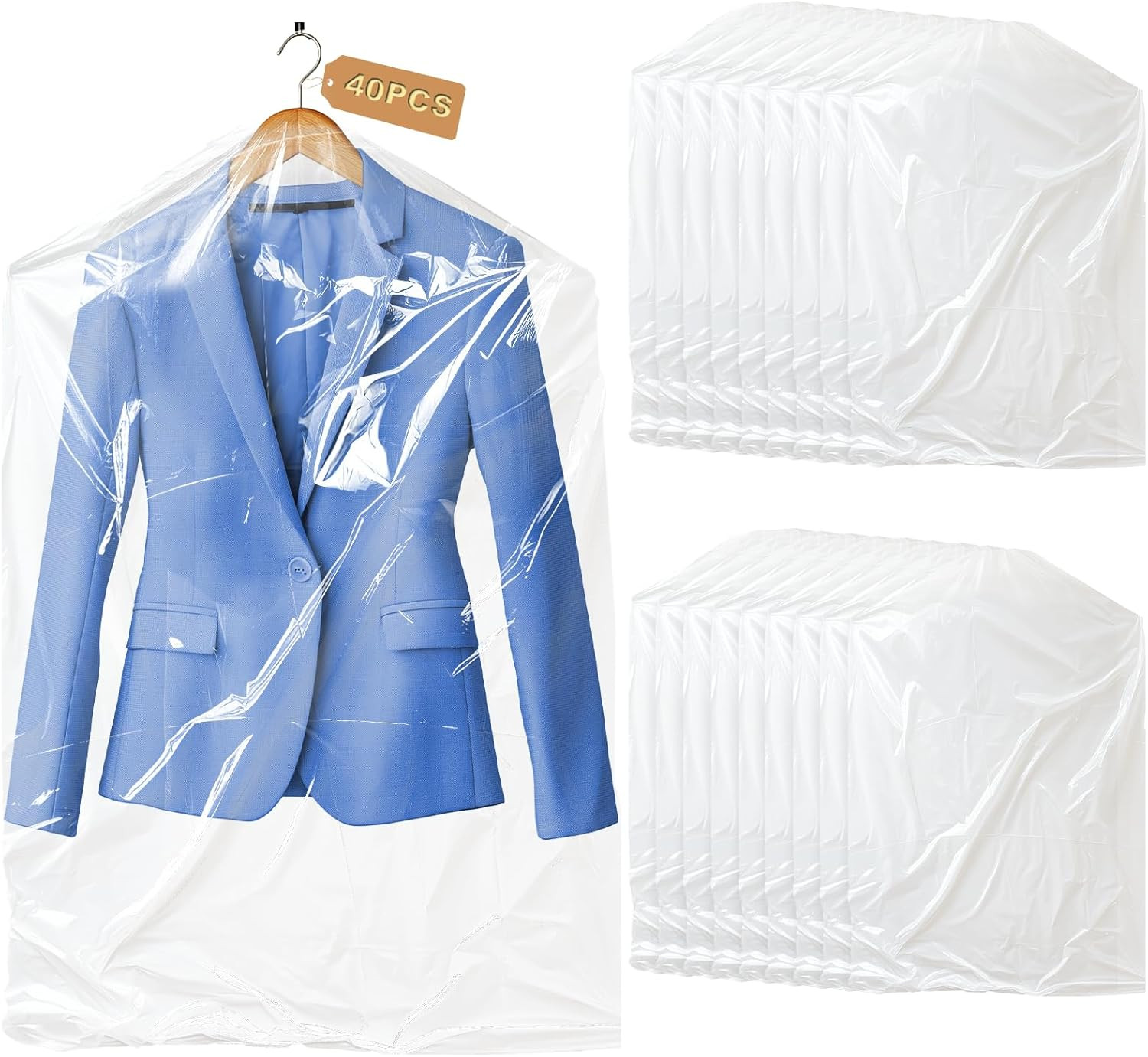40 Pack Garment Bags - Set of 40, 60X90Cm Plastic Dry Cleaning Bags for Hanging