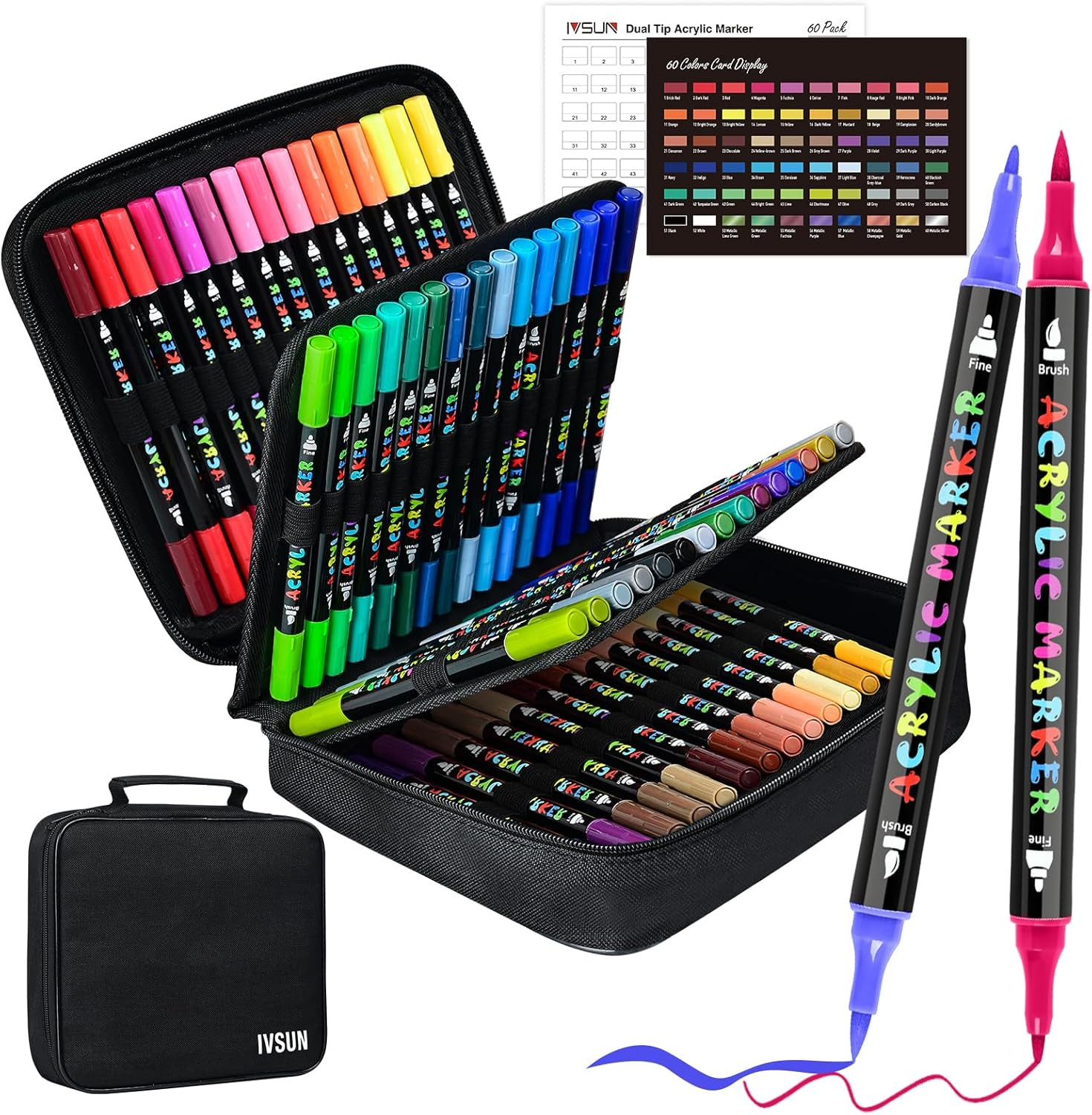 Acrylic Paint Pens, 60 Colors Dual Tip Paint Markers with Fine Tip and Brush Tip