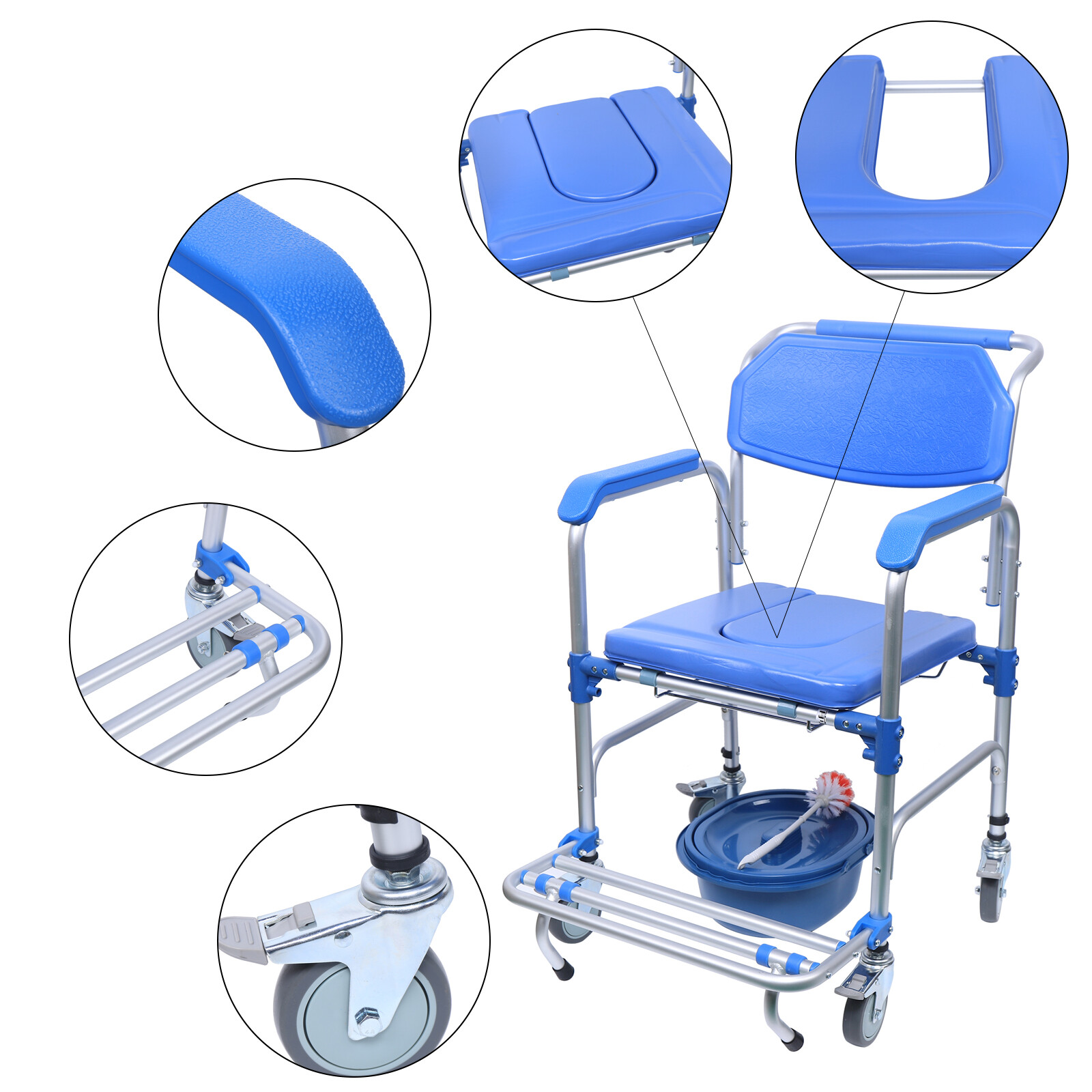 350lbs Medical Transport Chair Mobility Shower Commode Wheelchair Bedside Toilet