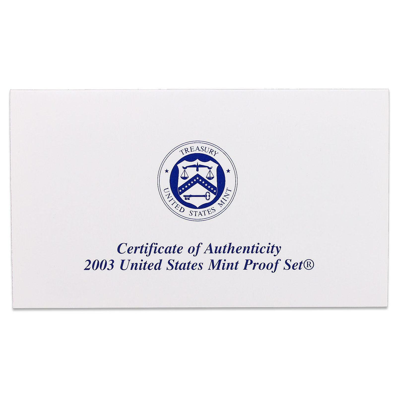 2003 S Proof Set Original Box & COA 10 Coins CN-Clad