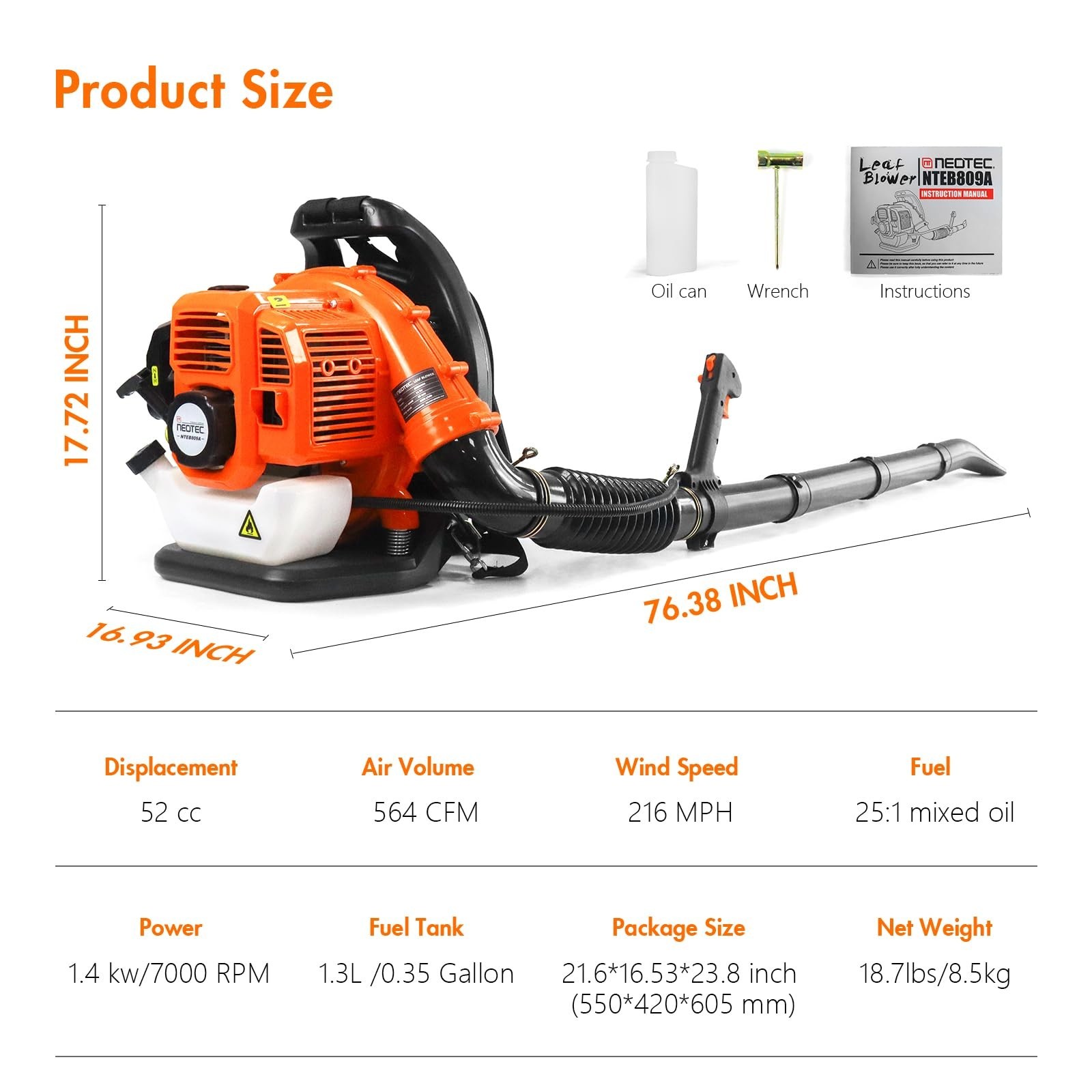 Commercial Backpack Leaf Blower 2 Stroke 52CC Gas-powered Backpack Snow Blower