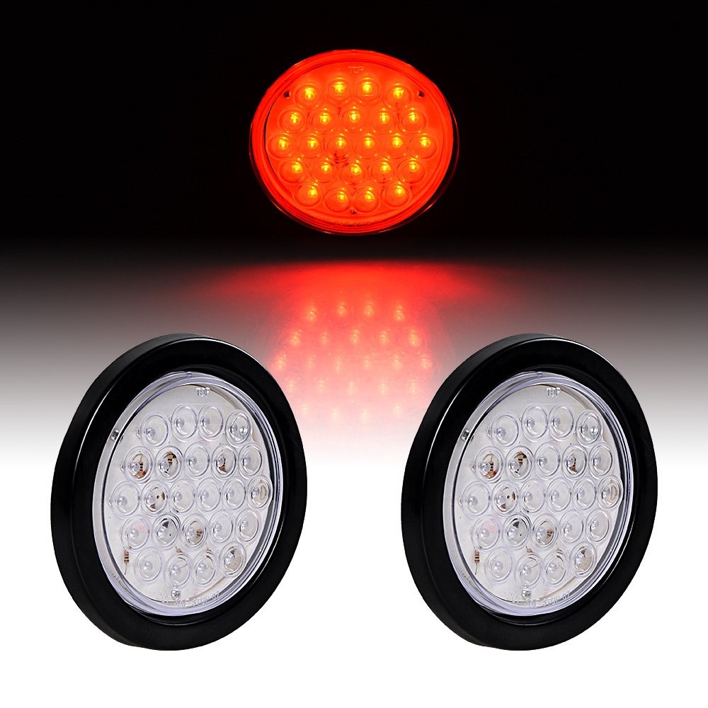 2X 4" Round Red 24 LED Trailer Tail Light Truck Stop Brake w/ Grommet Clear Lens