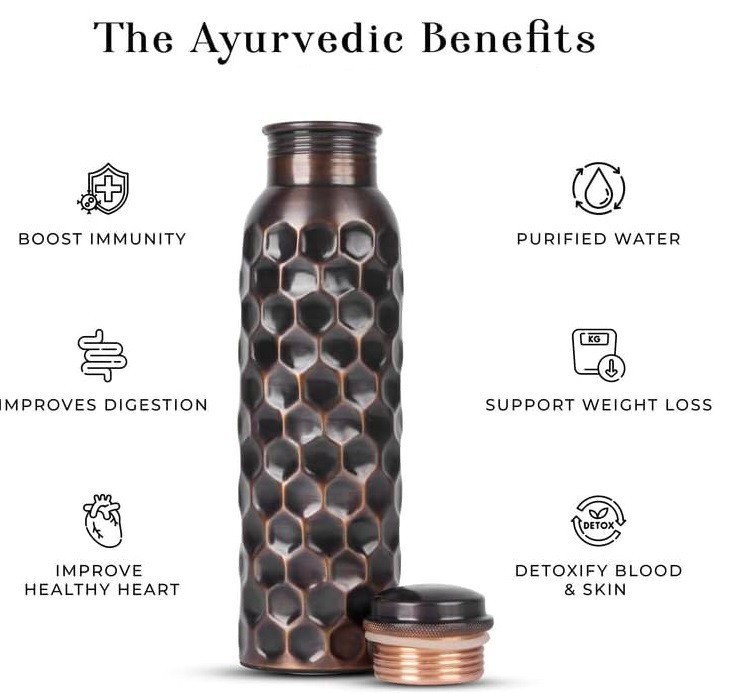 100% Pure Copper Water Bottle Hammered 32oz Leak Proof Lid