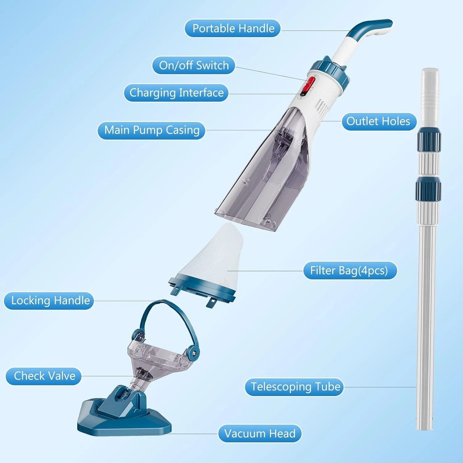 Rechargeable Pool Vacuum Cleaner with Telescopic Pole