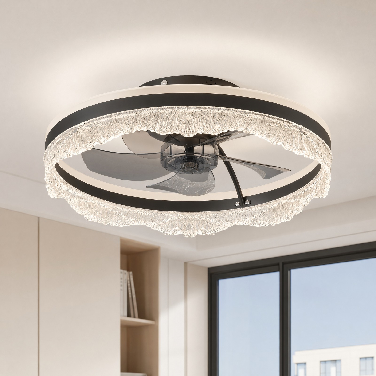 20'' Ceiling Fan LED UP Down Light Wave Design Flush Mount Remote APP Control