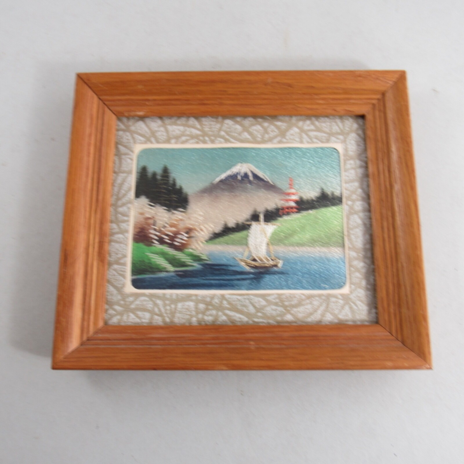 Vintage Small Japanese Embroidered Silk Picture Mountain Lake Boat