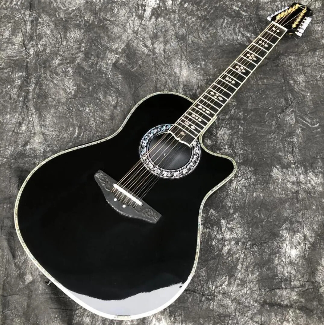 New Rare Ovation 12 Strings Hollow Body Black Electric Guitar Carbon Fiber Body,