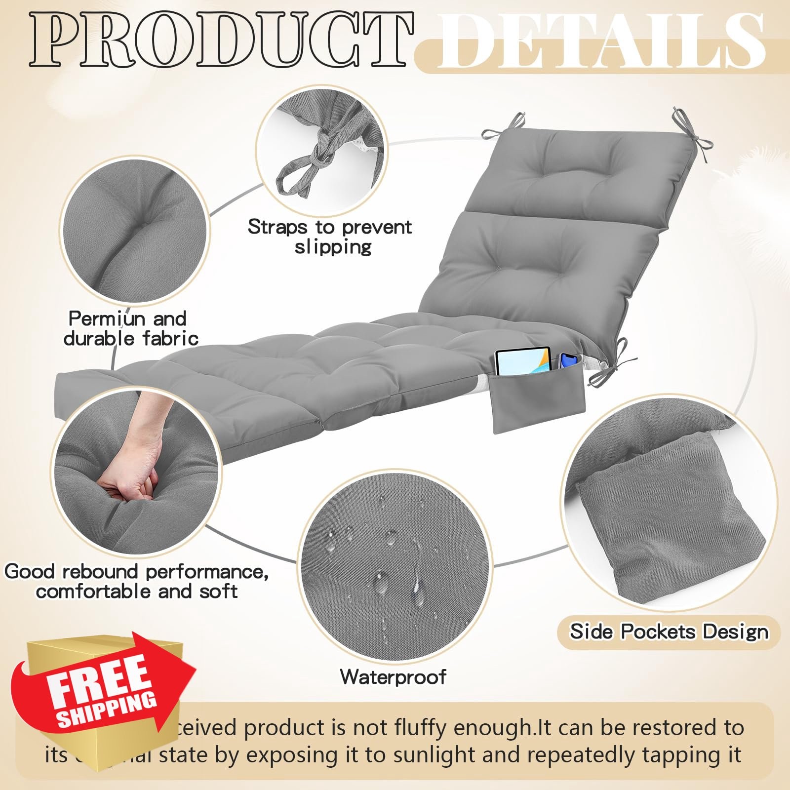 Kigley 2pc Chaise Lounge Cushions Light Gray 74.5x22x4.7" Tufted Patio Recliner