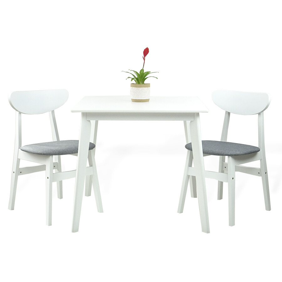 Dining Set of 2 Yumiko Chairs Square Table Solid Wood,White w/Light Gray Cushion