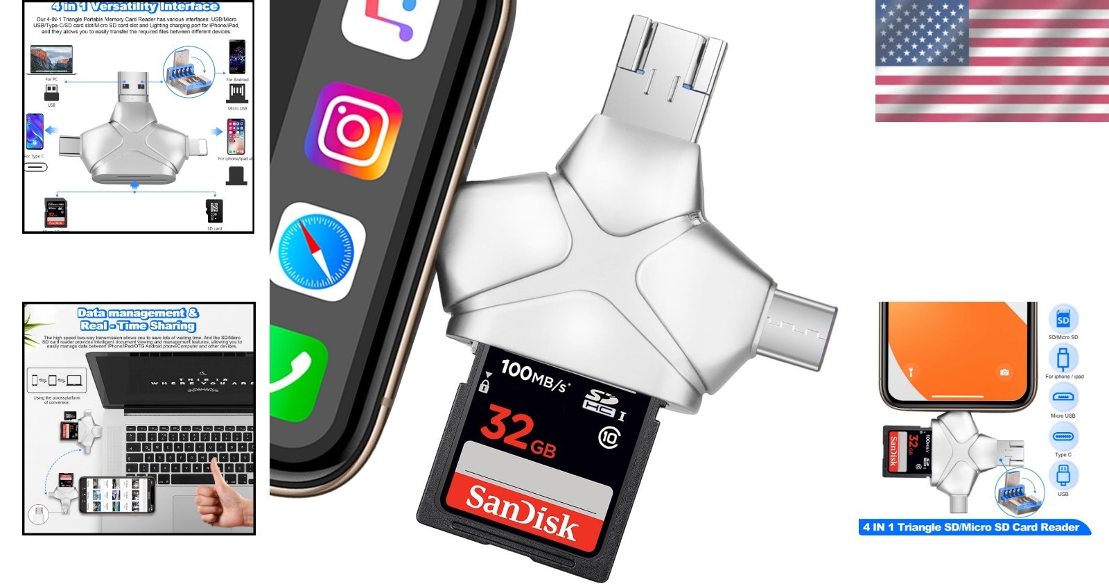 Portable 4-in-1 Memory Card Reader for iPhone, Android & Camera: No Apps Needed