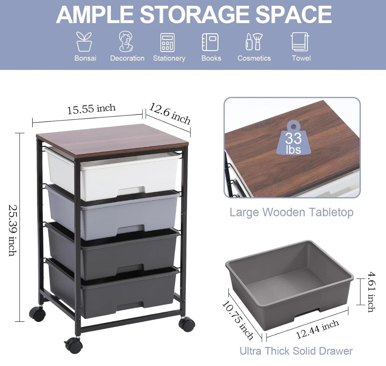 Sykiariol Rolling Storage Utility Cart With 4 Drawers