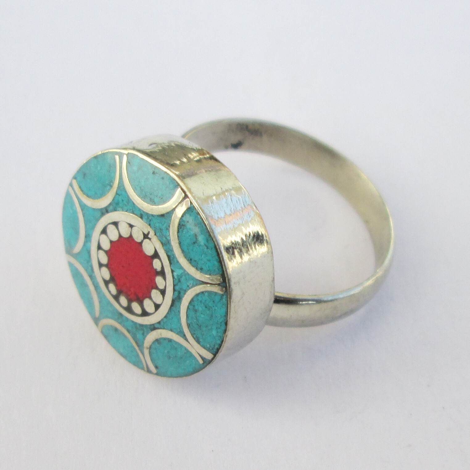 Tibetan Silver Turquoise Red Coral Original Jewelry Adjustable Unisex Ring R66