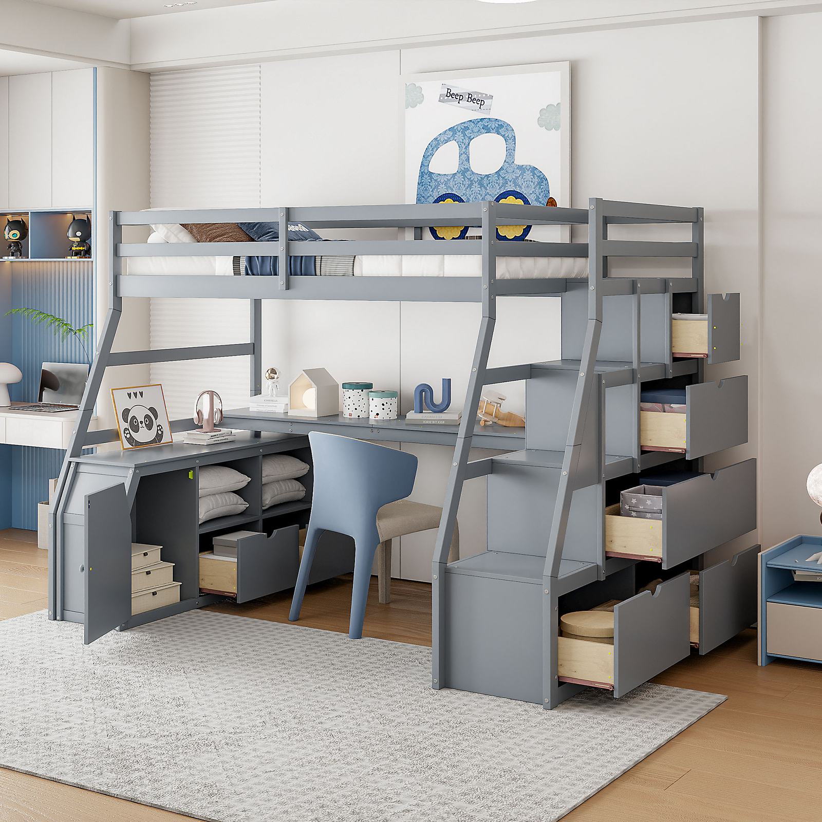 Full Size Loft Bed with 7 Drawers, 2 Shelves and Desk for Kids Bedroom Gray