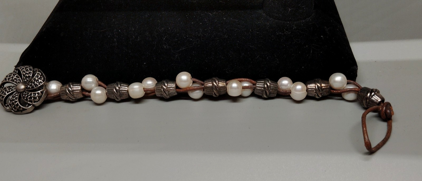 Handcrafted Pearl Beads & Silver Barrel Bead Bracelet 7.5 " Leather Strap Button