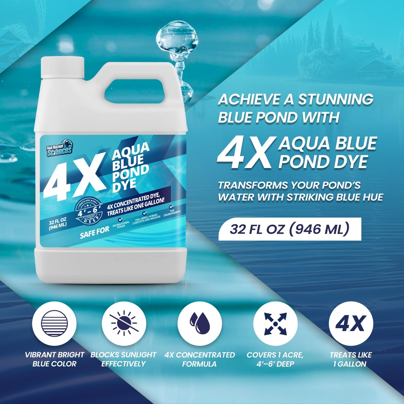 32oz Aqua Blue Pond Dye 4X Concentrate Lake Colorant Treats 1 Acre Fish Safe